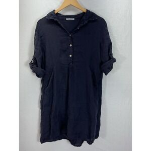 ELENA‎ BALDI Dress L Linen Popover Roll Tab Sleeve Shirtdress Navy Italy